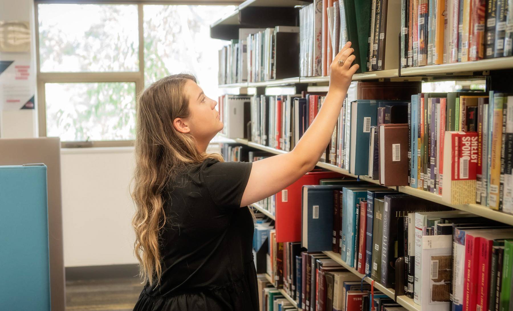 A student from Uniting College for Leadership and Theology selects a green book from the top shelf in the library